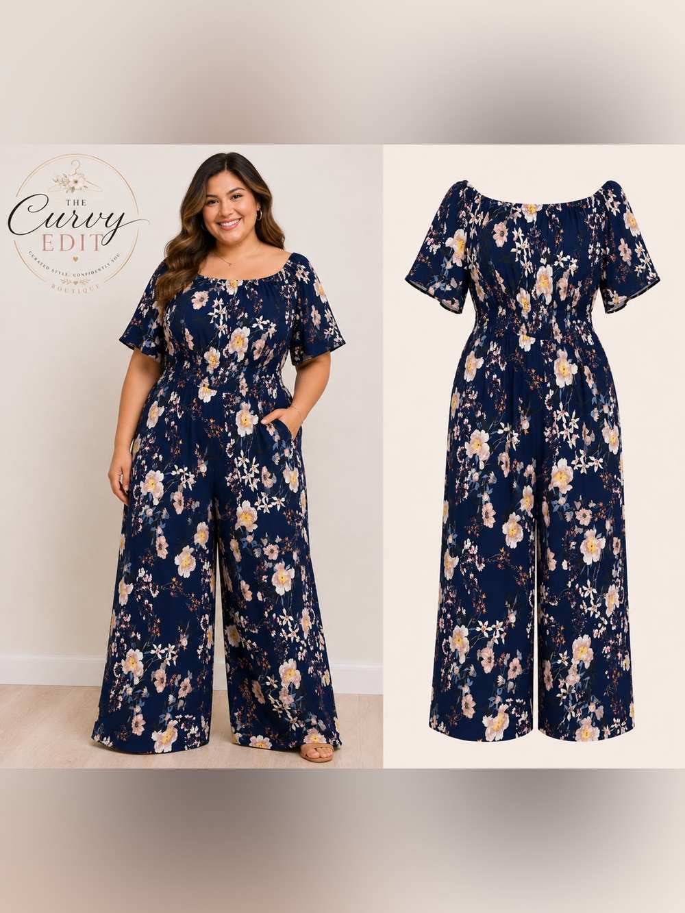 Kindred Floral Smocked Jumpsuit | Women’s 1X | Navy Floral Cottagecore
